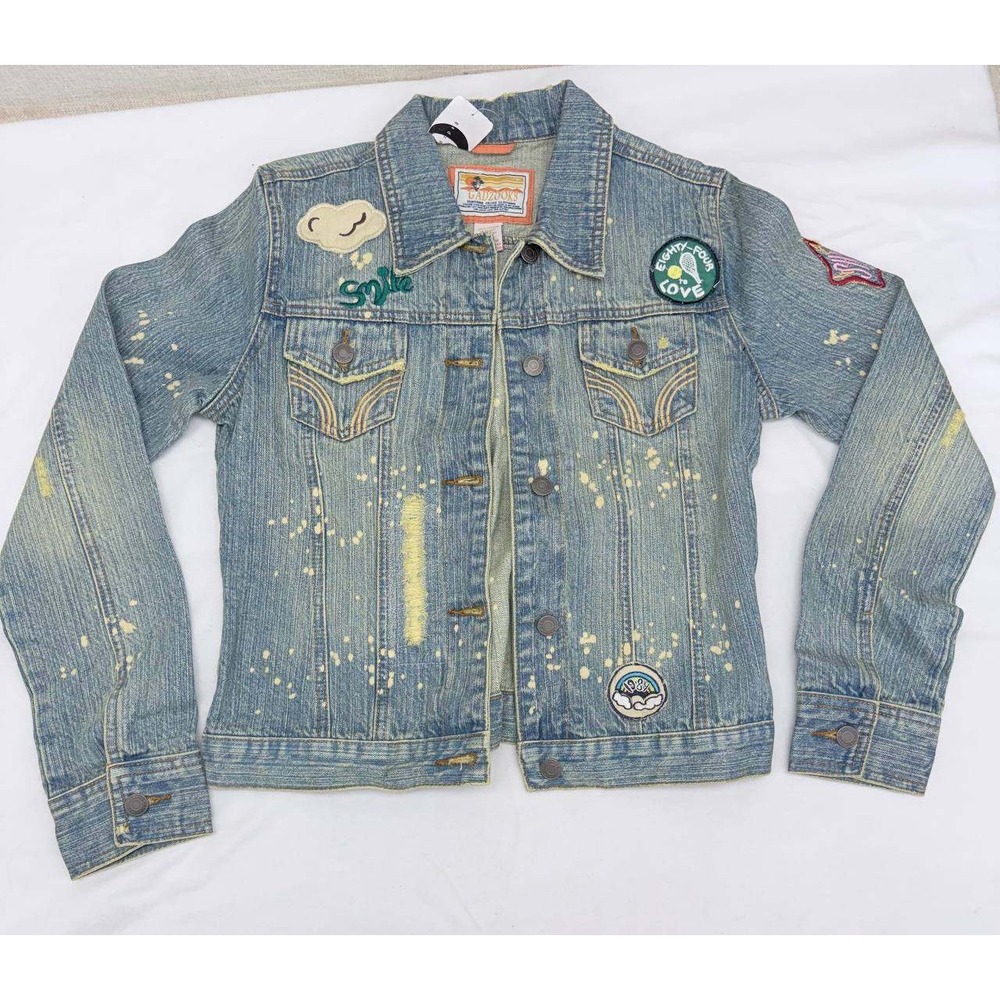 Gadzooks Vintage Denim Jacket Large Blue Distressed Patch Paint Splatter Y2K NEW